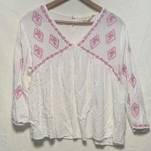 Luna Moon White Embroidered Peasant Blouse Top‎ Women's Medium V-Neck 3/4 Sleeve